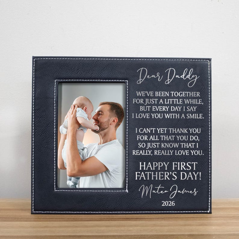 Black First Father's Day Picture Frame with "Dear Daddy" Poem and personalized with baby's name in silver lettering