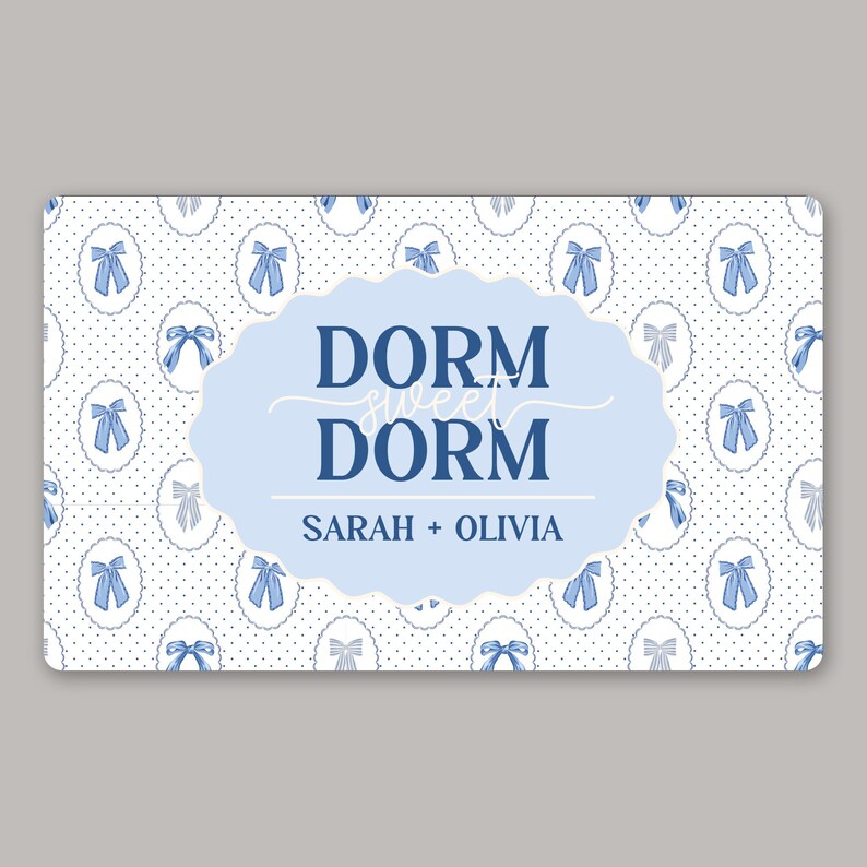 Personalized Dorm Room Doormat with Blue Coquette Bows