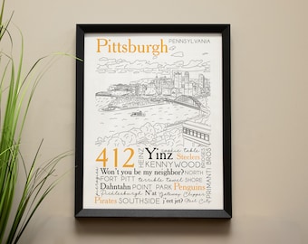 Puede incluir: Una ilustración en blanco y negro del horizonte de Pittsburgh con el texto "Pittsburgh Pensilvania" en la parte superior. Debajo del horizonte hay una nube de palabras relacionadas con Pittsburgh, que incluyen "412", "Yinz", "Steelers", "Kennywood", "Primanti Bros", "Pirates" y "Southside".