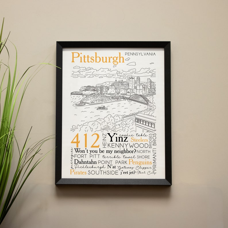May include: A black and white illustration of the Pittsburgh skyline with the text "Pittsburgh Pennsylvania" at the top. Below the skyline is a word cloud of Pittsburgh-related terms, including "412", "Yinz", "Steelers", "Kennywood", "Primanti Bros", "Pirates", and "Southside".