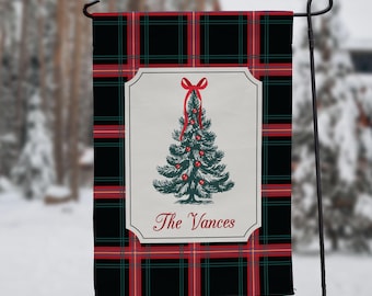 Vintage Christmas Tree Plaid Garden Flag | Personalized Outdoor Christmas Decor | Holiday Porch Welcome Decoration | Winter Garden Decor