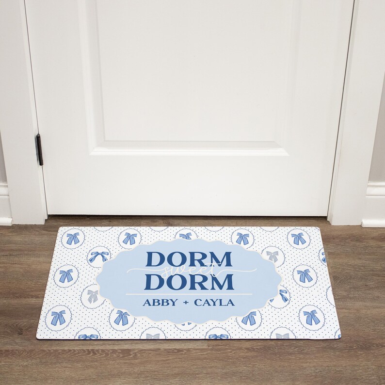 Personalized Dorm Sweet Dorm Doormat with Blue Coquette Bows