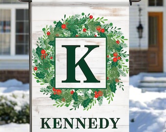Personalized Christmas Wreath Garden Flag, Monogram Christmas Garden Flag, Custom Holiday Decor,  Outdoor Christmas Decoration, Porch Decor