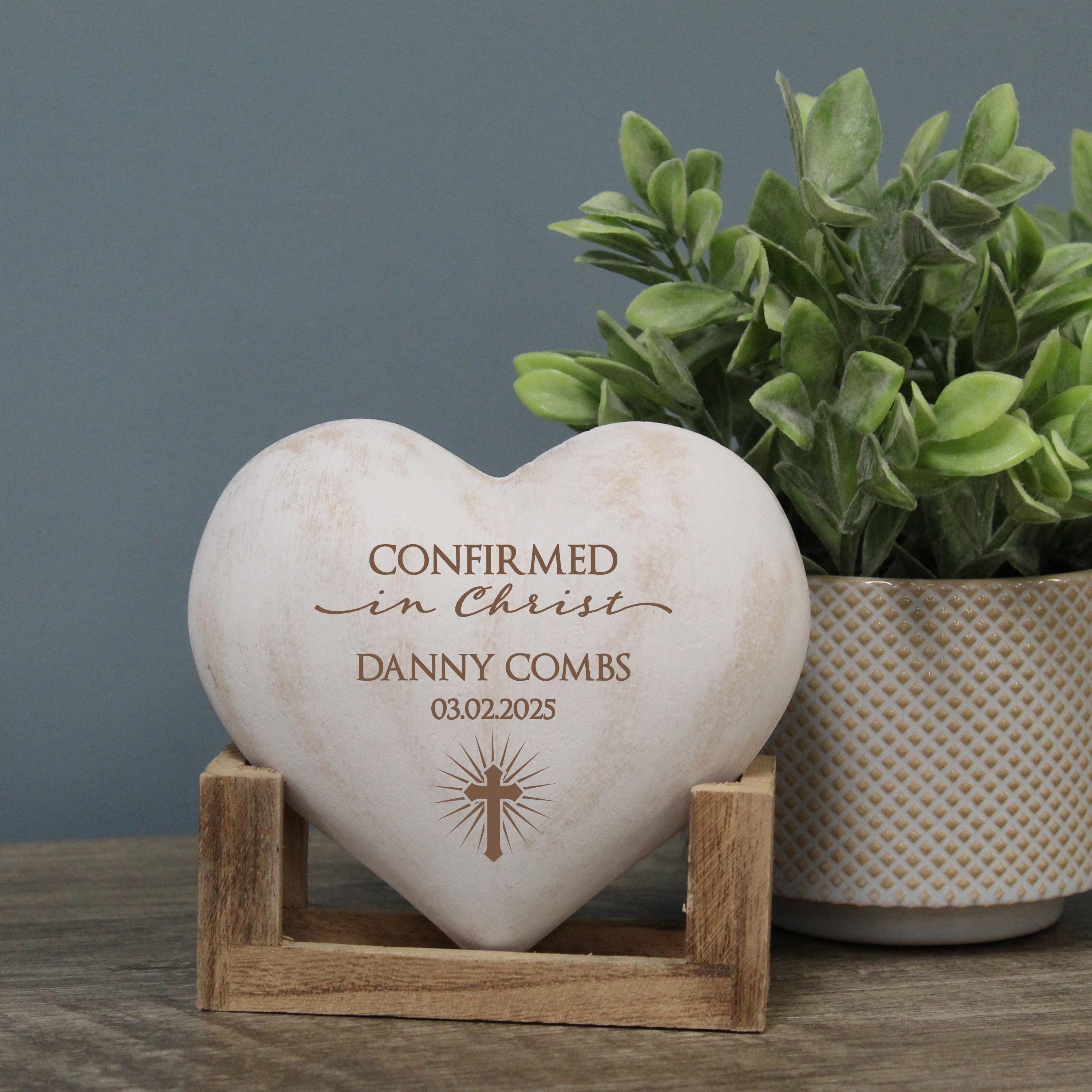 Confirmation Keepsake | Personalized Confirmed in Christ Gift | Religious Confirmation Heart Desk Decor | Engraved Confirmation Gift for Her