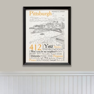 May include: A black and white illustration of the Pittsburgh skyline with a word cloud of Pittsburgh-related terms in orange and black text. The text includes "412", "Yinz", "Steelers", "Kennywood", "Primanti Bros", "Won't you be my neighbor?", "Fort Pitt", "terrible towel", "North Shore", "Dahntahn", "Point Park", "Penguins", "Picklesburgh", "N'at Gateway Clipper", "Pirates", "Southside", "J'eet jet?", and "Steel City".