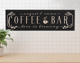 Coffee Bar Personalized Wall Sign | Kitchen Decor | Personalized Housewarming Gift | Love Is Brewing Wall Art | Custom Couple Names Decor