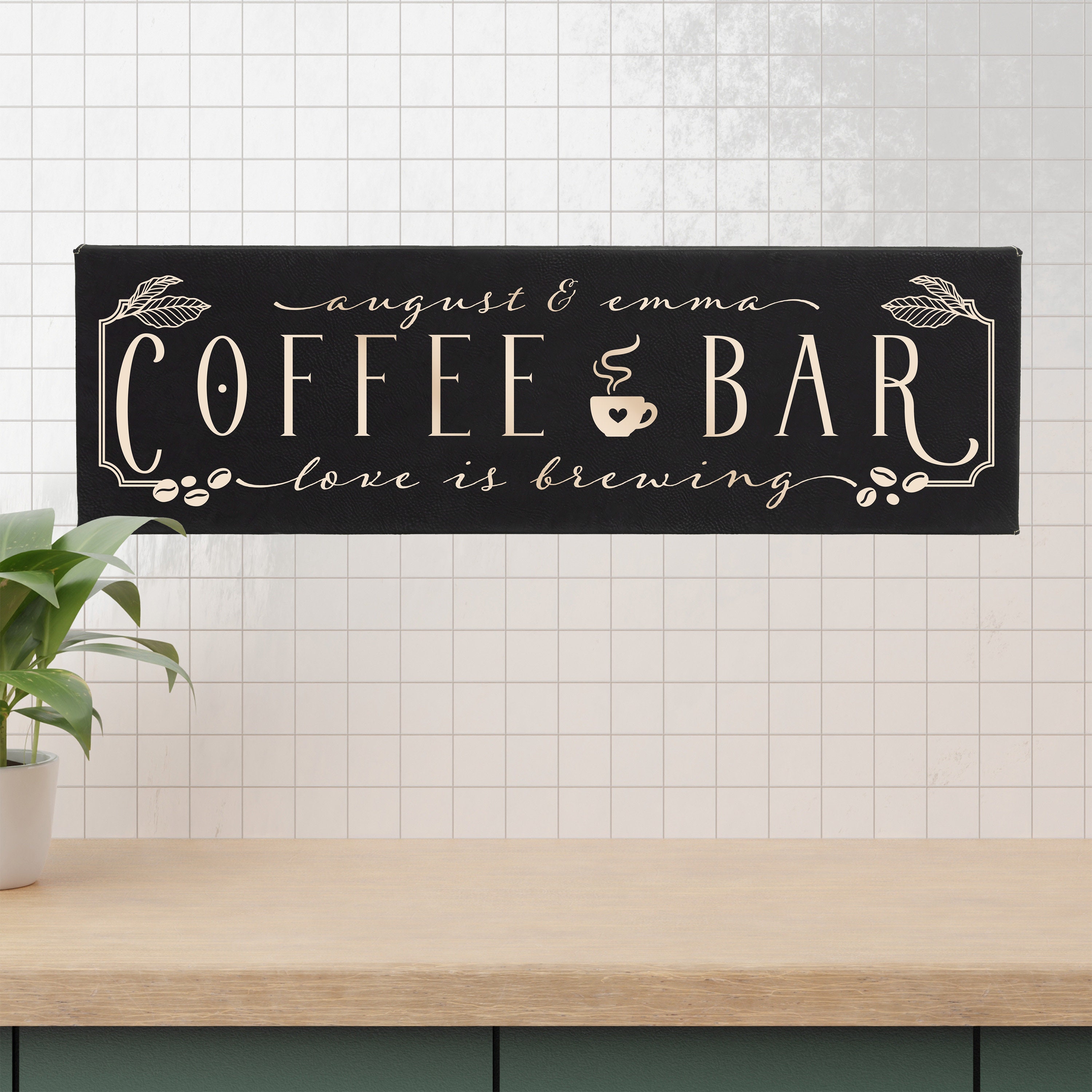 Coffee Bar Personalized Wall Sign | Kitchen Decor | Personalized Housewarming Gift | Love Is Brewing Wall Art | Custom Couple Names Decor