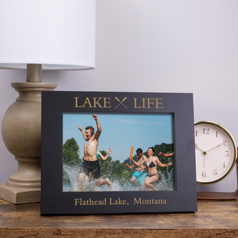 lake house decor picture frame with personalized location