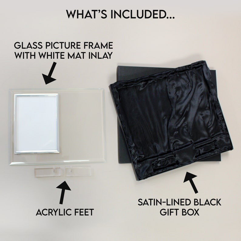 K&ouml;nnte beinhalten: Ein Bilderrahmen aus Glas mit einem wei&szlig;en Passepartout, Acrylf&uuml;&szlig;en und einer schwarzen Geschenkbox mit Satin-Futter. "WHAT'S INCLUDED..." steht oben im Bild.