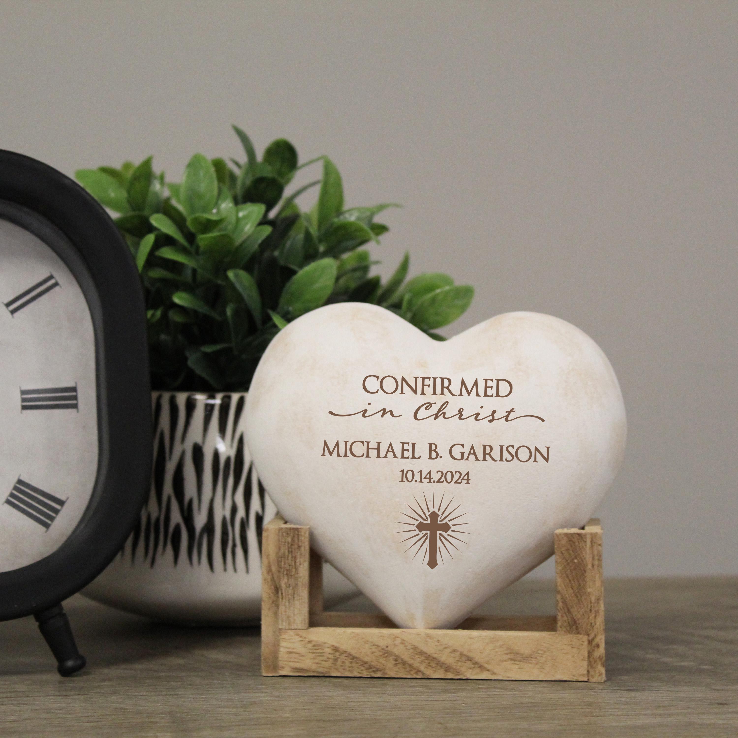 Confirmation Keepsake | Personalized Confirmed in Christ Gift | Religious Confirmation Heart Desk Decor | Engraved Confirmation Gift for Her