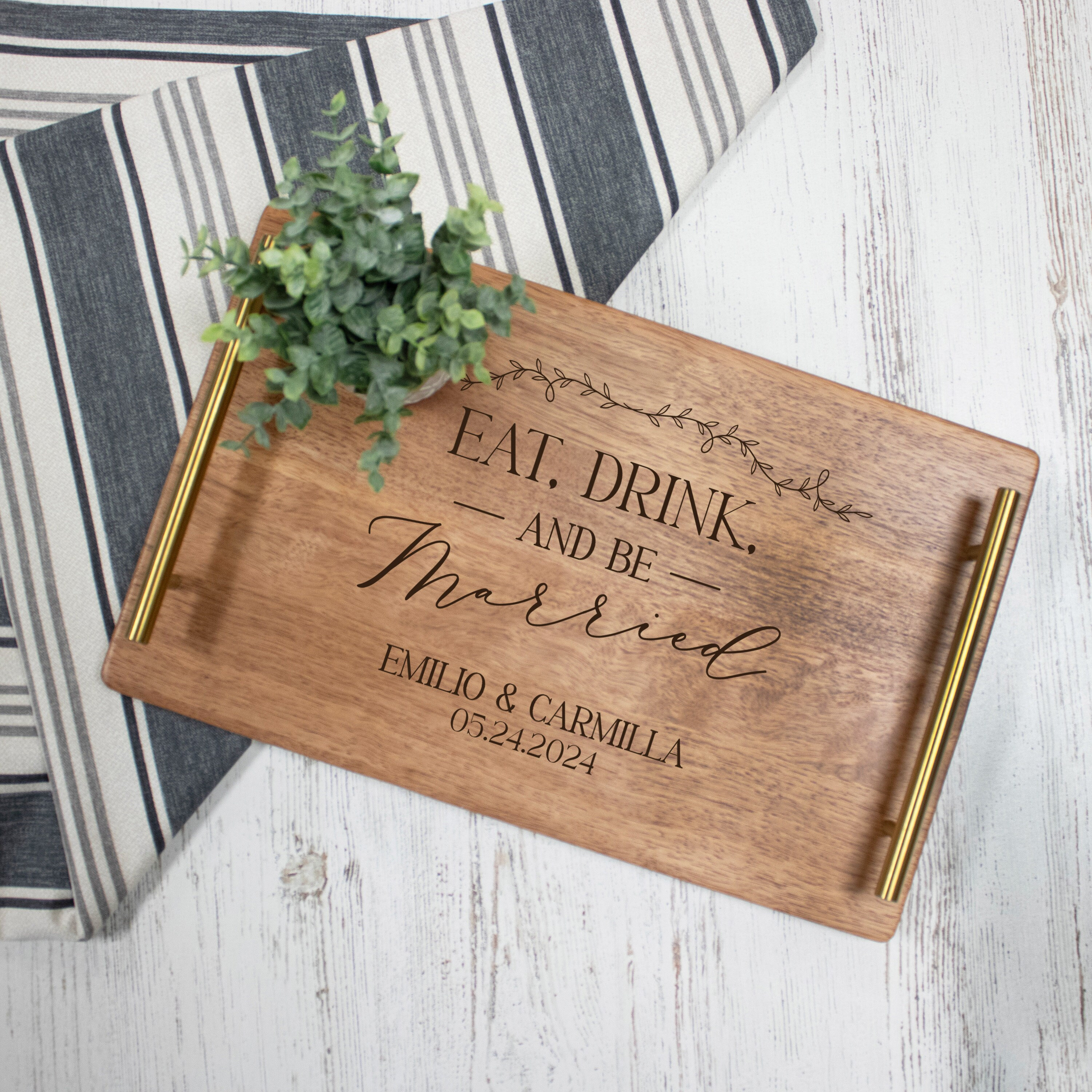 Wedding Wood Serving Tray with Handles | Engraved Serving Tray with Couple's Names| Personalized Wedding Gifts | Wedding Decoration