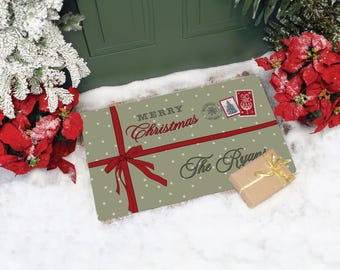 Personalized Christmas Welcome Mat | Custom Holiday Doormat | Wrapped Present Indoor Outdoor Rug | Christmas Porch Decor | Winter Decoration
