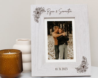 Floral Wedding Picture Frame | Personalized Anniversary Picture Frame | Custom White Wedding Photo Frame | Custom Engraved Wedding Gift
