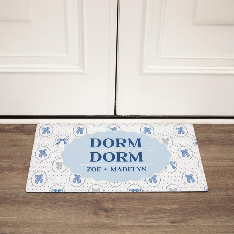Dorm room decor welcome mat personalized with roommate's names and blue bows