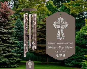 Memorial Cross Wind Chime | Personalized Religious Wind Chime | Amazing Grace Sympathy Gift | In Loving Memory Funeral or Bereavement Gift