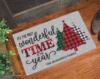 Personalized Christmas Family Mat | Most Wonderful Time of the Year | Custom Holiday Mat | Plaid Christmas Decor | Family Christmas Decor