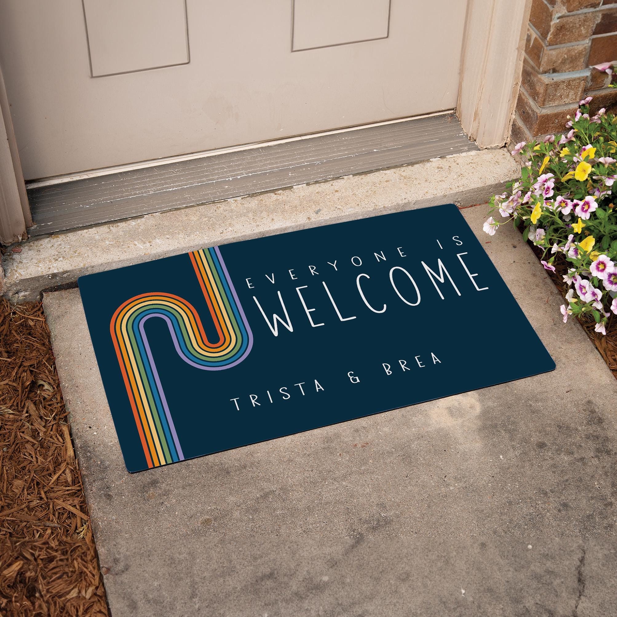 Everyone Is Welcome Rainbow Doormat | Outdoor Home Decor for Queer Couple | Housewarming Gay Pride Welcome Mat | LGBTQ+ Gift for Pride Month