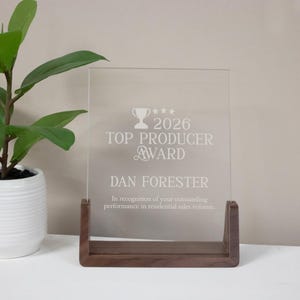 Personalized Service Award Plaque | Top Producer Award Plaque | Engraved Crystal Award for Sales Performance | Real Estate Sales Award