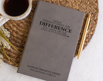 May include: A gray leather-bound journal with the text "Never underestimate the difference you made or the lives you touched." and "Happy Retirement, Jimmy! From your friends at CC&J Law".