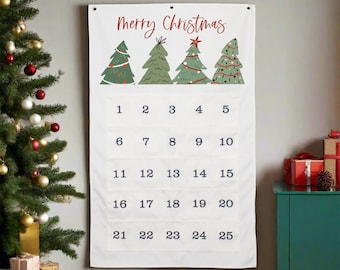 Merry Christmas Advent Calendar | Hanging Advent Calendar with Pockets | Reusable Advent Calendar | Christmas Home Wall Decor