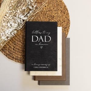 Może przedstawiać: Czarny, sk&oacute;rzany dziennik z tekstem "letters to my DAD in heaven" i małym symbolem serca. Na dole dziennika widnieje napis "in loving memory of CHRIS FREDERICK".