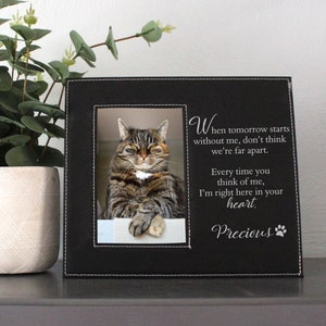 May include: Black picture frame with a photo of a tabby cat. The frame has white stitching and text that reads "When tomorrow starts without me, don't think we're far apart. Every time you think of me, I'm right here in your heart. Precious."