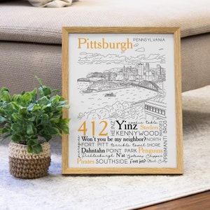 May include: A framed print with a black and white illustration of the Pittsburgh skyline. The print features the text "Pittsburgh, Pennsylvania" and a list of words and phrases associated with the city, including "412", "Yinz", "Steelers", "Kennywood", "Won't you be my neighbor?", "North Shore", "Fort Pitt", "terrible towel", "Dahntahn", "Point Park", "Penguins", "Picklesburgh", "N'at", "Gateway Clipper", "Pirates", "Southside", "j'eet jet?", "Steel City", "Bridges", and "Primanti Bros."