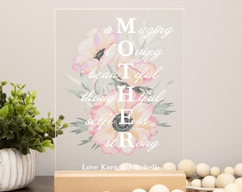 Lampe LED acronyme Mother | Décoration lumineuse personnalisée pour maman | Plaque florale personnalisée pour la fête des mères