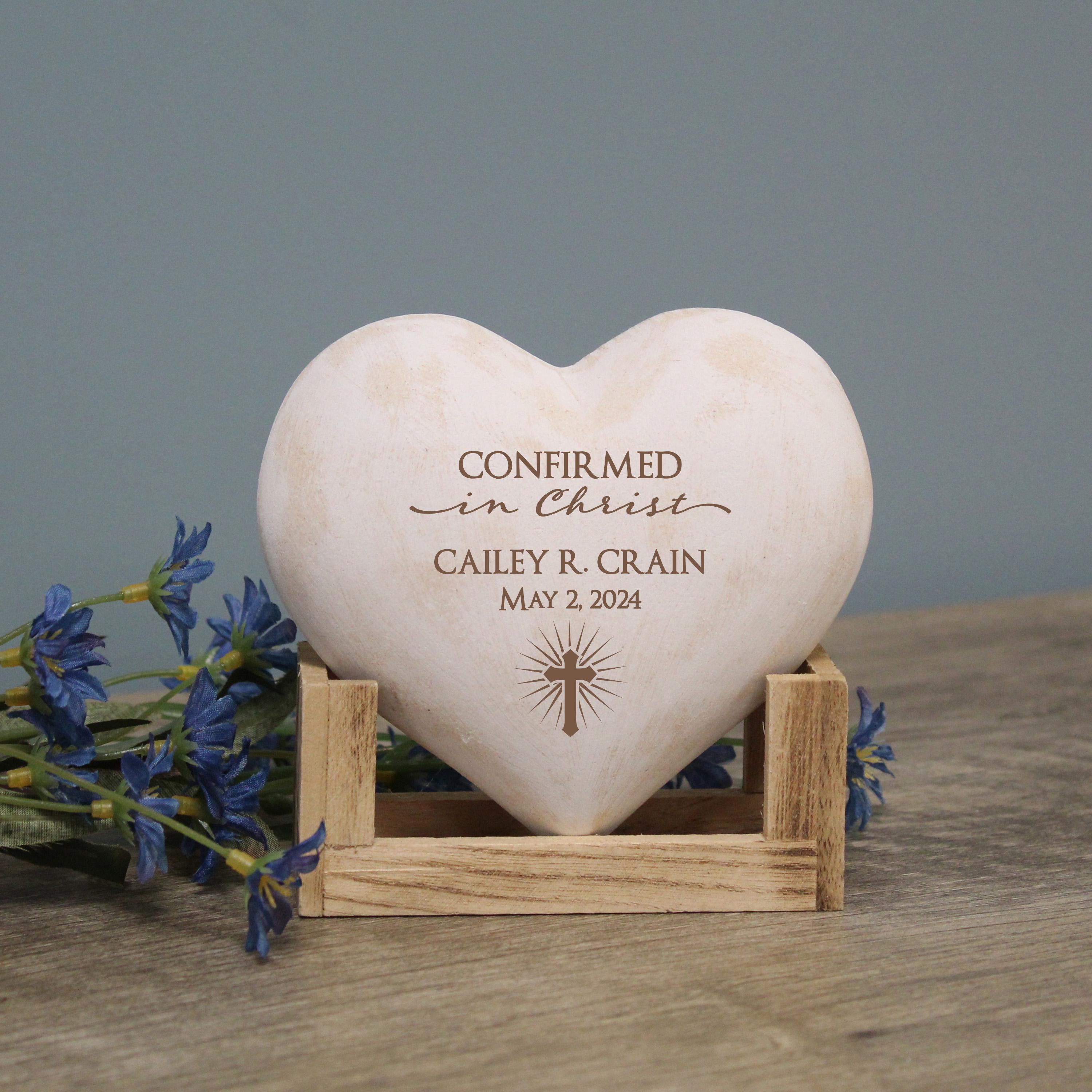 Confirmation Keepsake | Personalized Confirmed in Christ Gift | Religious Confirmation Heart Desk Decor | Engraved Confirmation Gift for Her