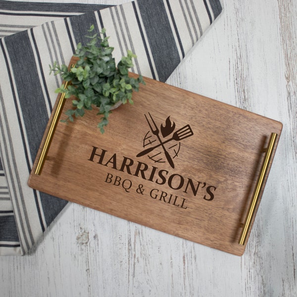 BBQ Grill Serving Tray | Personalized Wood Serving Tray with Handles | Serving Tray for Men | Christmas Gift for Husband | Engraved Tray