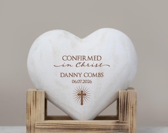 Confirmation Keepsake | Personalized Confirmed in Christ Gift | Religious Confirmation Heart Desk Decor | Engraved Confirmation Gift for Her