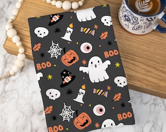 Halloween Pattern Tea Towel | Fun Spooky Kitchen Gift | Pumpkin Ghost Witch Decor | Halloween Bathroom Hand Towels | Halloween Kitchen Towel