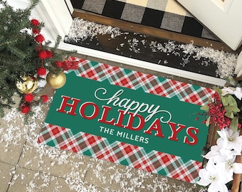Personalized Happy Holidays Doormat | Christmas Welcome Mat | Winter Home Decor | Classic Vintage Christmas | Outdoor Holiday Decoration