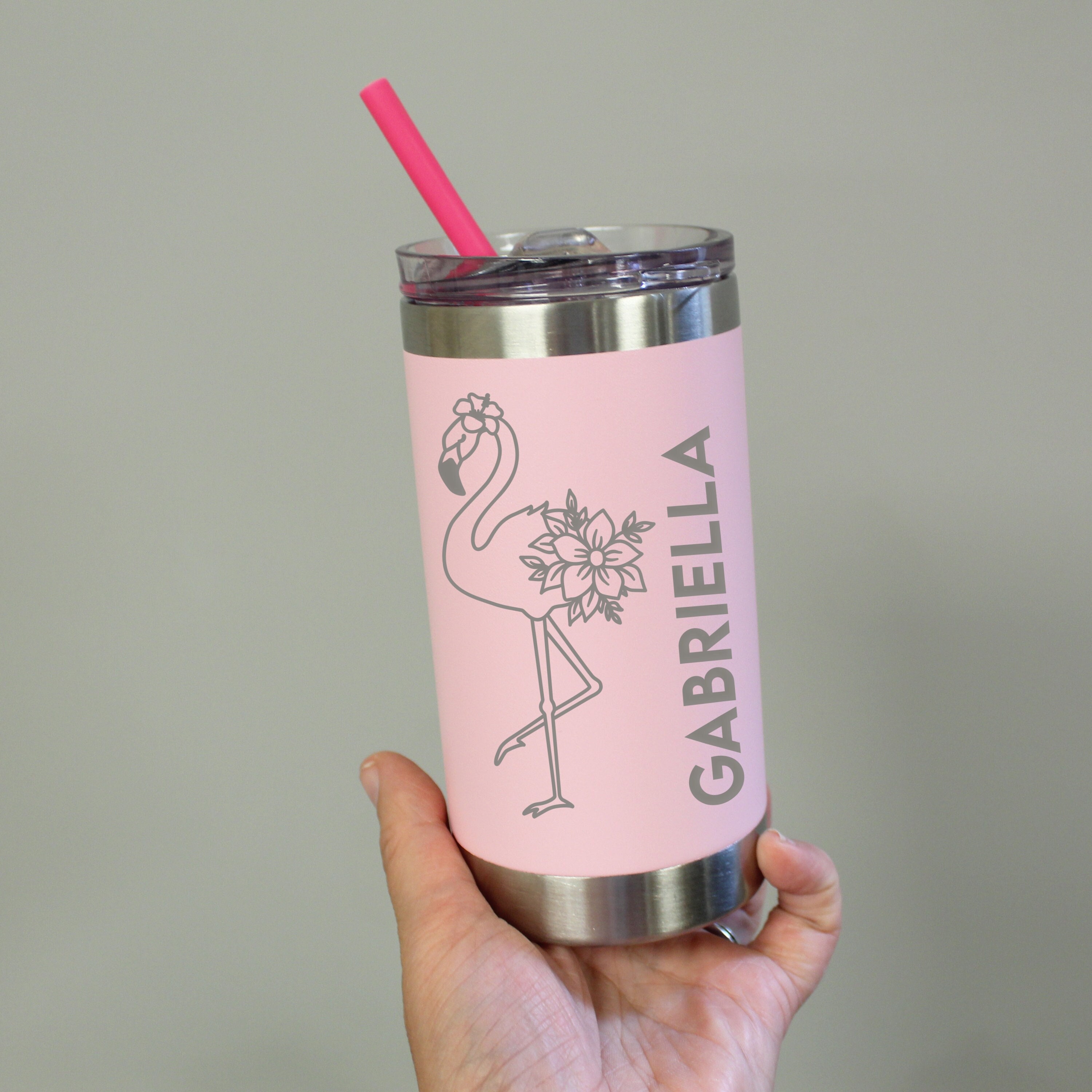 Neon Flamingos Glass Cup, Clear Coffee Iced Cup Lid & Straw, 20 Oz