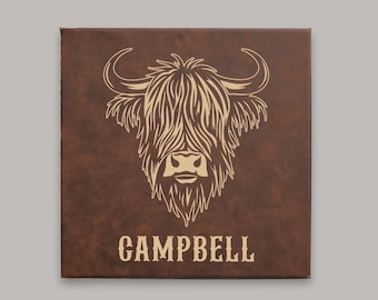 Personalized Highland Cow Family Sign | Rustic Wall Art | Western Leather Sign | Country Entryway Decor | Farmhouse Living Room Decoration
