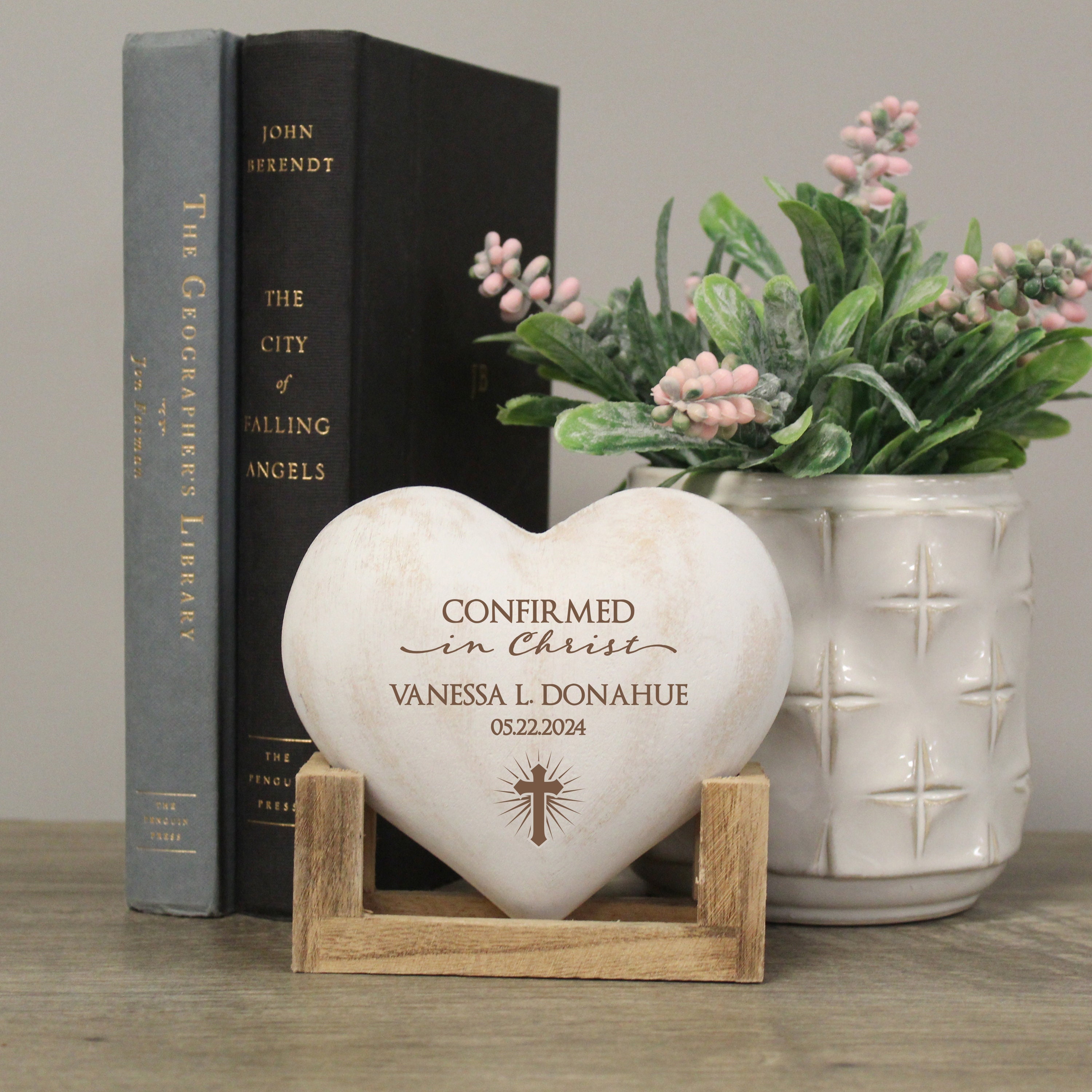 Confirmation Keepsake | Personalized Confirmed in Christ Gift | Religious Confirmation Heart Desk Decor | Engraved Confirmation Gift for Her