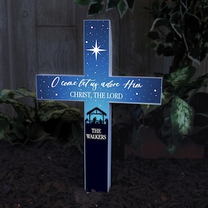 Religious Christmas Solar Cross Garden Stake | Come Let Us Adore Him Christmas Garden Decor | Personalized Outdoor Lighted Christmas Decor