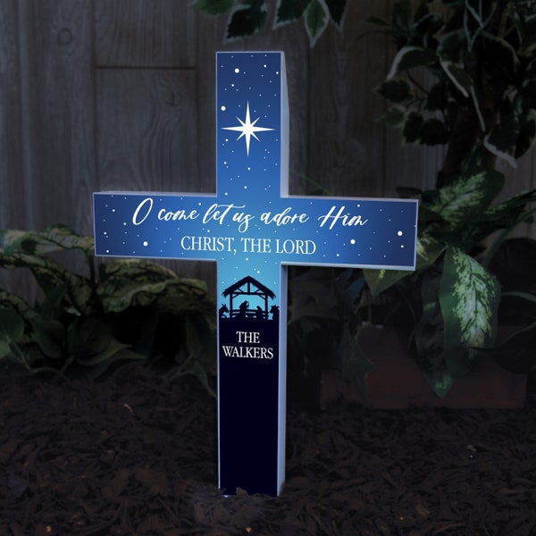 Religious Christmas Solar Cross Garden Stake | Come Let Us Adore Him Christmas Garden Decor | Personalized Outdoor Lighted Christmas Decor