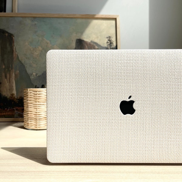 Étui MacBook tissé, étui MacBook à carreaux blancs, étui MacBook imitation cuir tissé, étui MacBook rustique, étui MacBook crème texturé