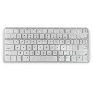 May include: A gray concrete-textured keyboard with black keys and white lettering. The keyboard has a standard layout with function keys, number keys, and letter keys. The keyboard also has a space bar, shift keys, and command keys.