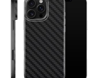 May include: A black carbon fiber textured phone case with a clear border. The case is shown from multiple angles, including a side view. The phone case is designed to fit a smartphone with a black screen.