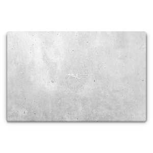May include: A close-up of a grey concrete laptop cover with the word "ASUS" printed in silver.