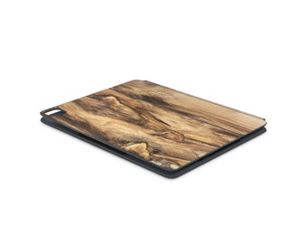May include: A closed wood-grain patterned tablet case with a dark gray border.