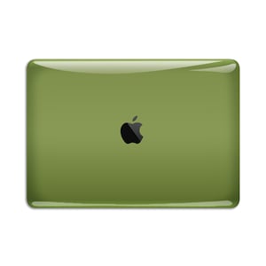 May include: Olive green laptop with a glossy finish. The Apple logo is centered on the lid in black. The laptop has rounded corners and a sleek, modern design.
