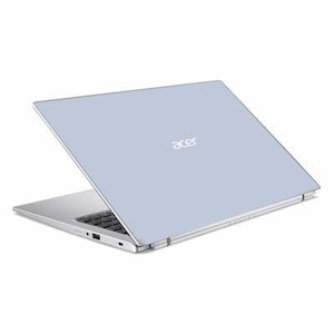 May include: A light blue Acer laptop, partially open, displaying the keyboard. The Acer logo is on the lid. The laptop is set against a white backdrop.