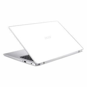 Può includere: Un laptop Acer argento e bianco, leggermente aperto, su sfondo bianco. La tastiera è visibile e il logo Acer è sulla cover superiore. Il laptop è elegante e moderno.