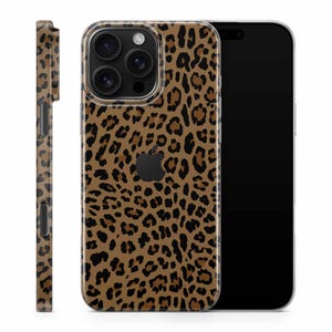May include: A clear phone case with a leopard print design. The case is brown with black spots and features a black Apple logo. The phone case is shown from multiple angles, including the side and front.