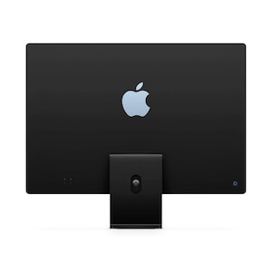 May include: Black computer monitor with a silver stand and an Apple logo on the front.
