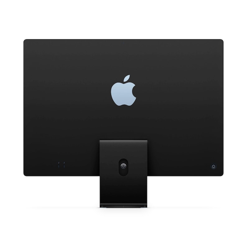 May include: Black computer monitor with a silver stand and an Apple logo on the front.