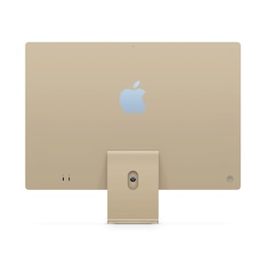 Peut inclure: Un ordinateur de bureau de couleur or avec un pied argenté. L'ordinateur dispose d'une caméra intégrée et d'un logo Apple au dos.